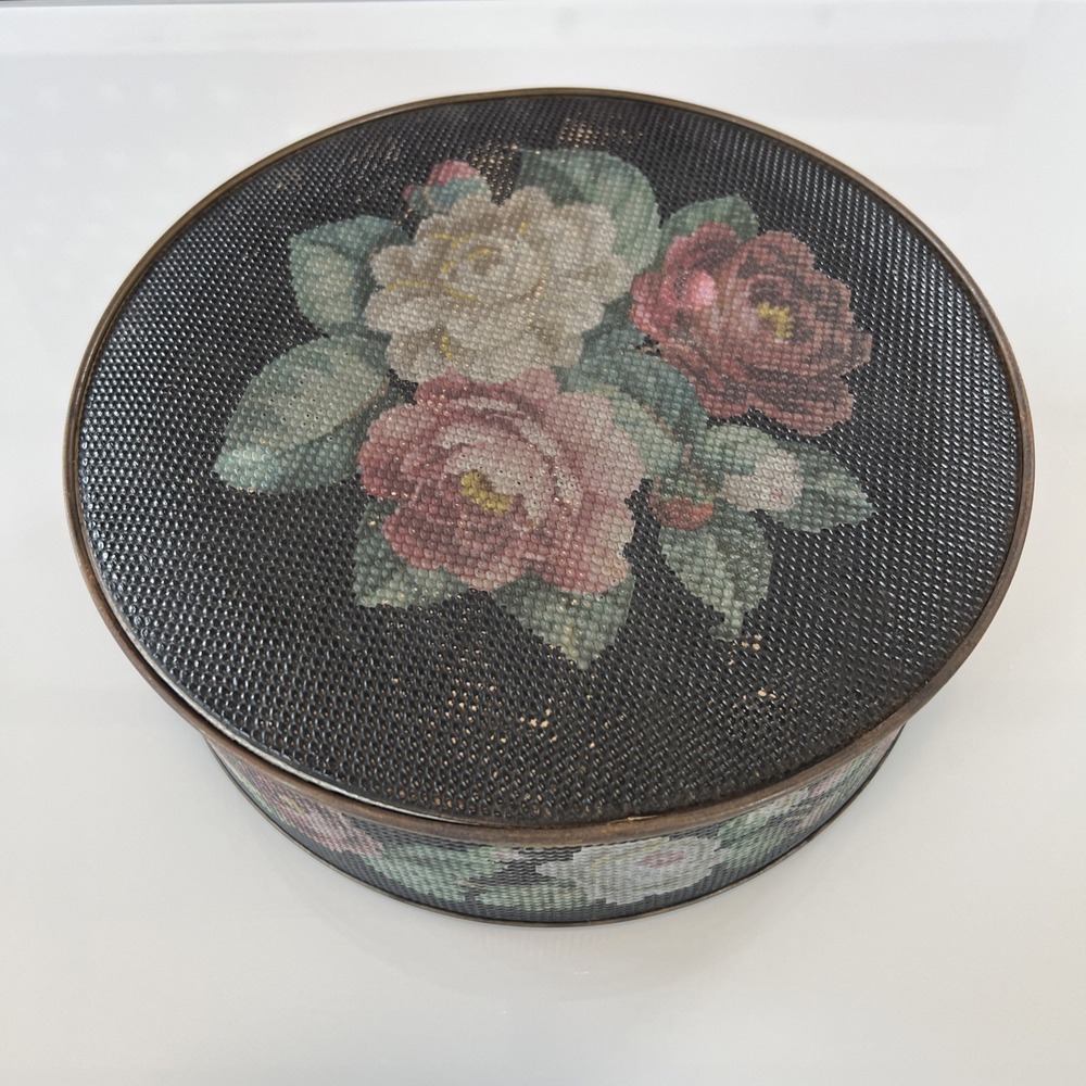 Sunshine Biscuit Tin Sewing Box Textured Rose Needlepoint Container 10"